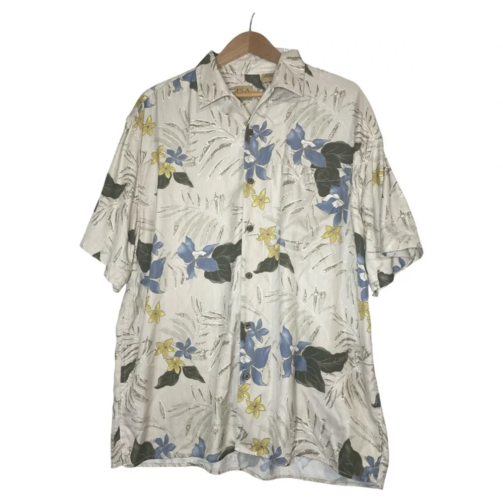 Jos A Bank Mens Shirt Large Blue Brown Button Up Hawaiian Silk Vacation Floral